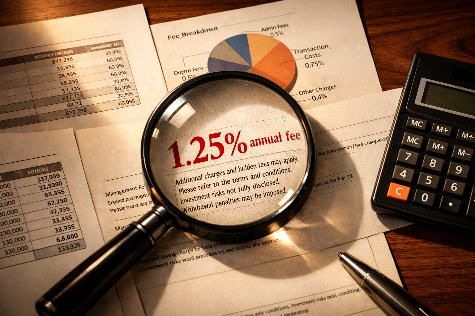 Magnifying glass revealing hidden retirement plan fees and percentages on financial documents