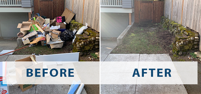Left: a cluttered side yard with broken furniture; Right: the same space completely cleared by Junk Titan
