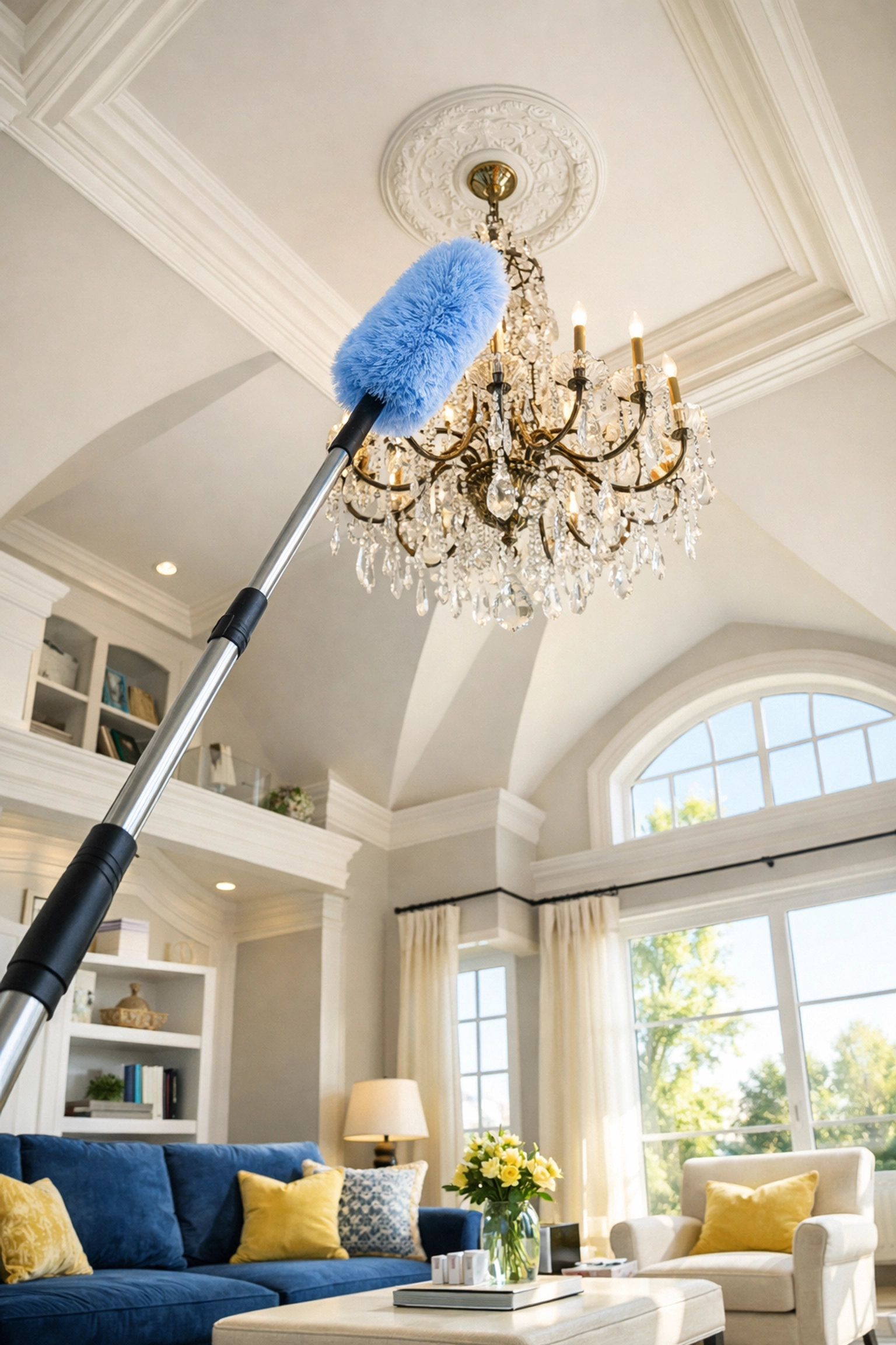 Using a long-reach duster on a high-end chandelier to ensure a top-to-bottom deep cleaning Westborough standard.