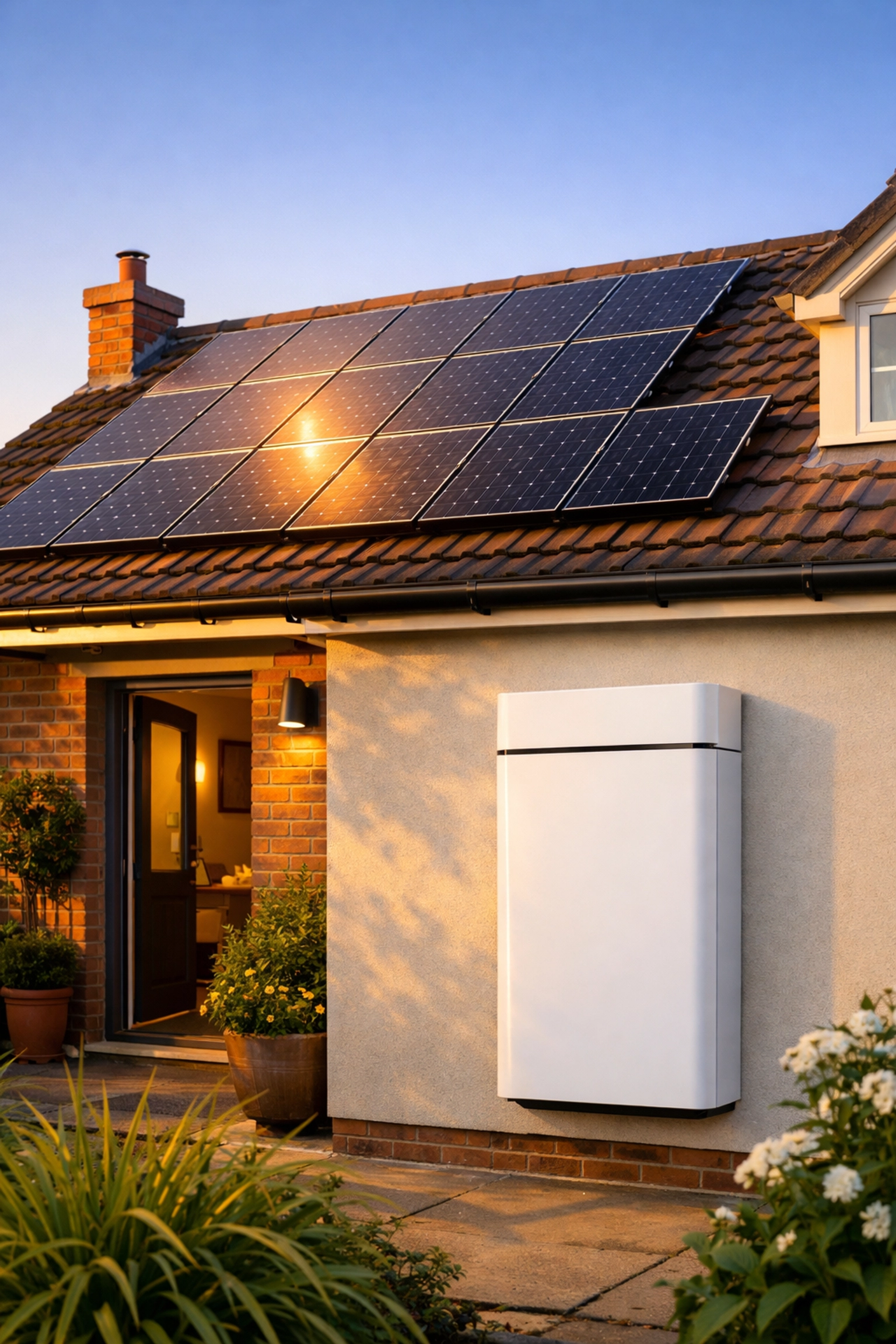 Solar panels on Bournemouth home roof with battery storage unit mounted on exterior wall