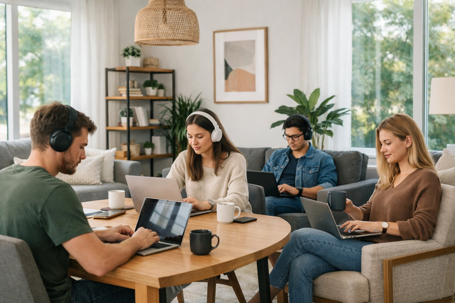 Quiet coworking vibe in a modern shared living space: a few professionals working on laptops together — Lifestyle + Work-From-Home/Tech angle, Roommate Economy community feel, Durham rooms for rent