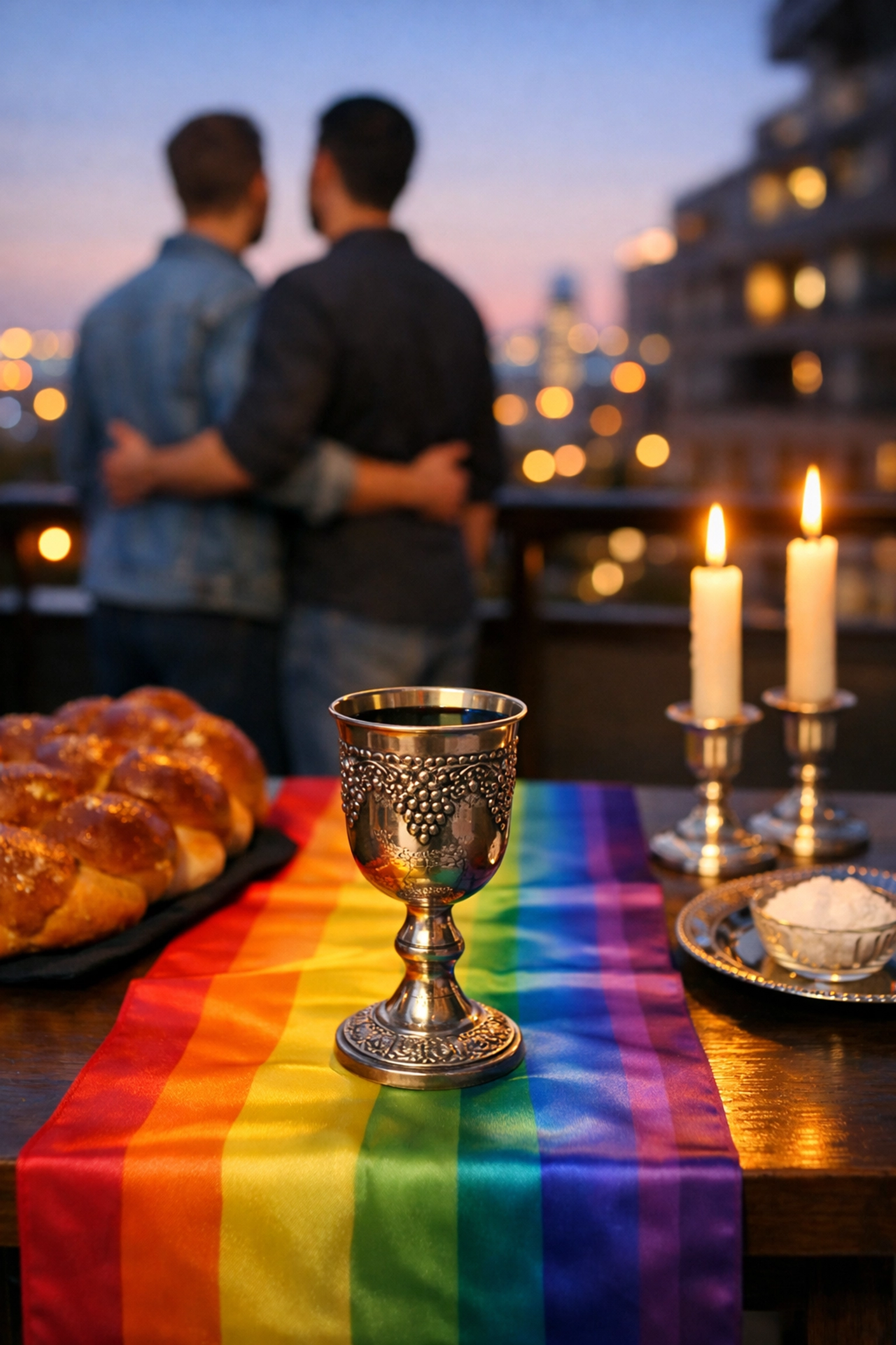 A modern Queer Shabbat table setting with a rainbow runner and a couple embracing on a balcony at twilight.