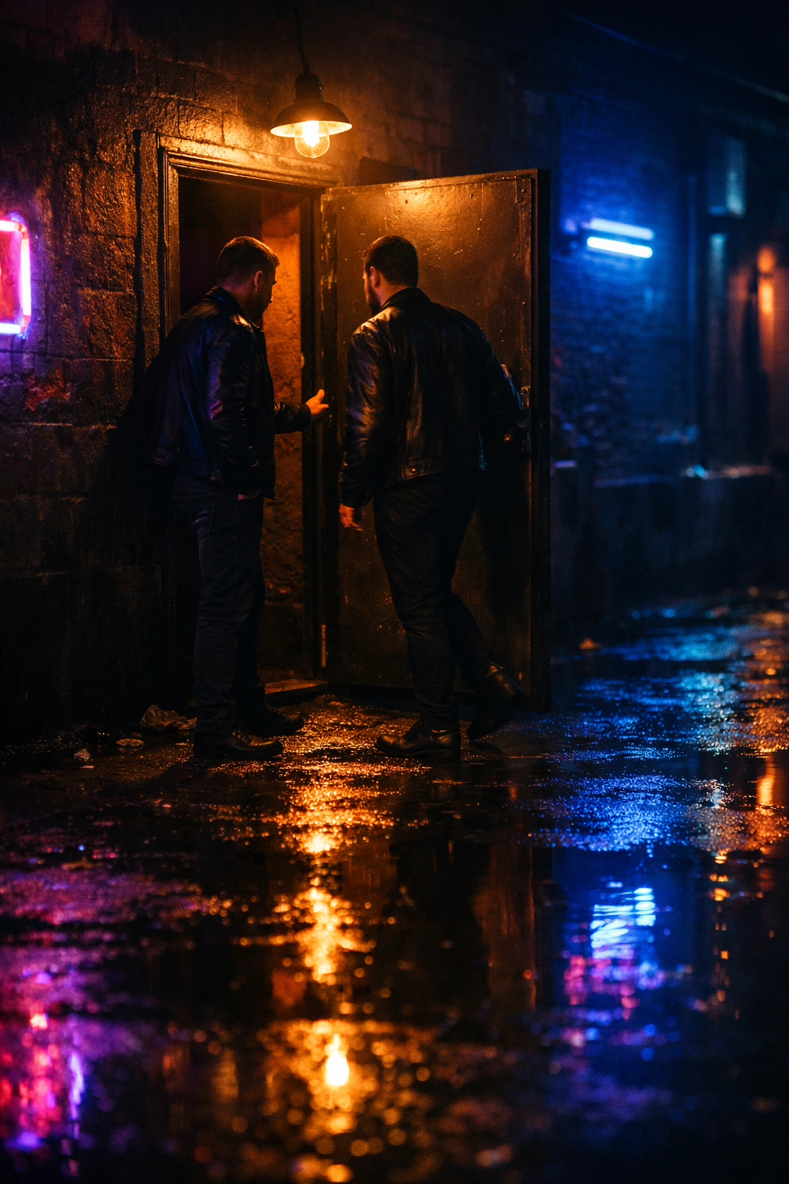 Entrance to underground gay club at night with two men arriving at unmarked door