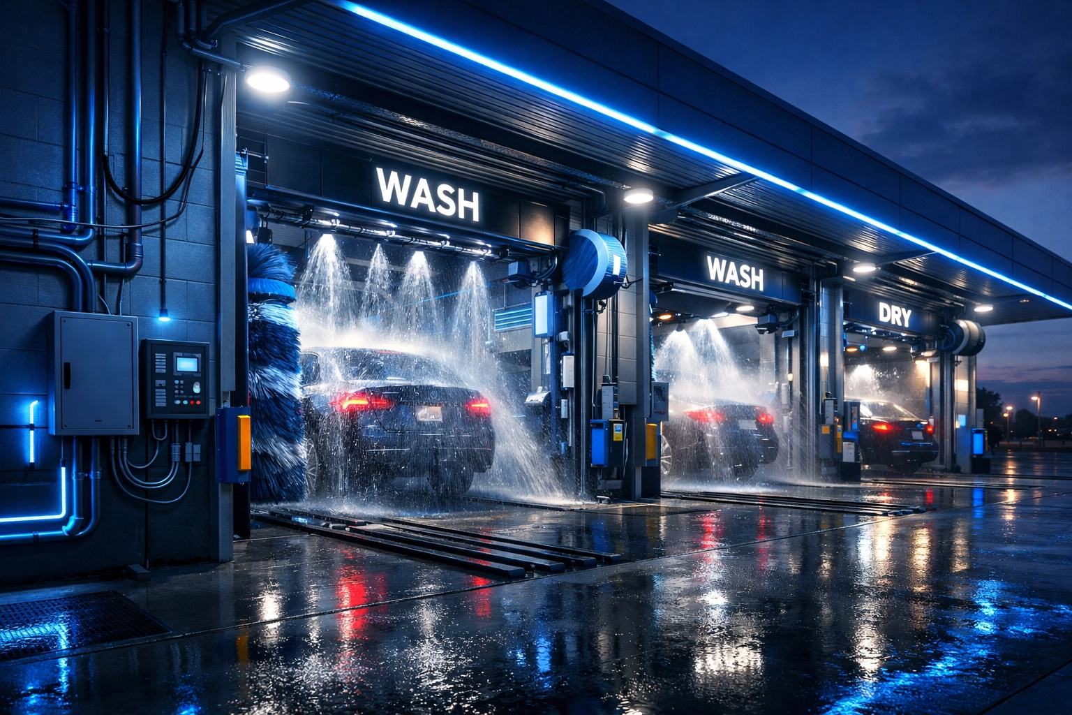 Commercial carwash facility with illuminated wash bays and electrical infrastructure