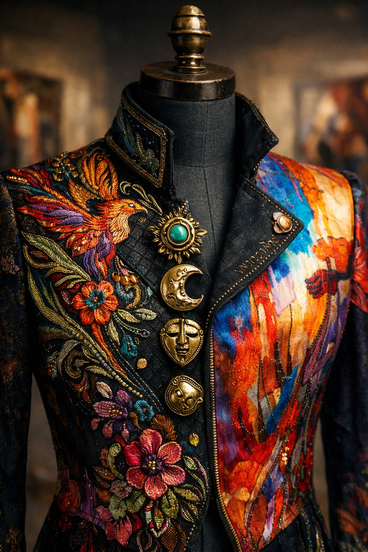 Hand-painted Art-to-wear jacket with colorful embroidery and silk panels on a professional dress form.