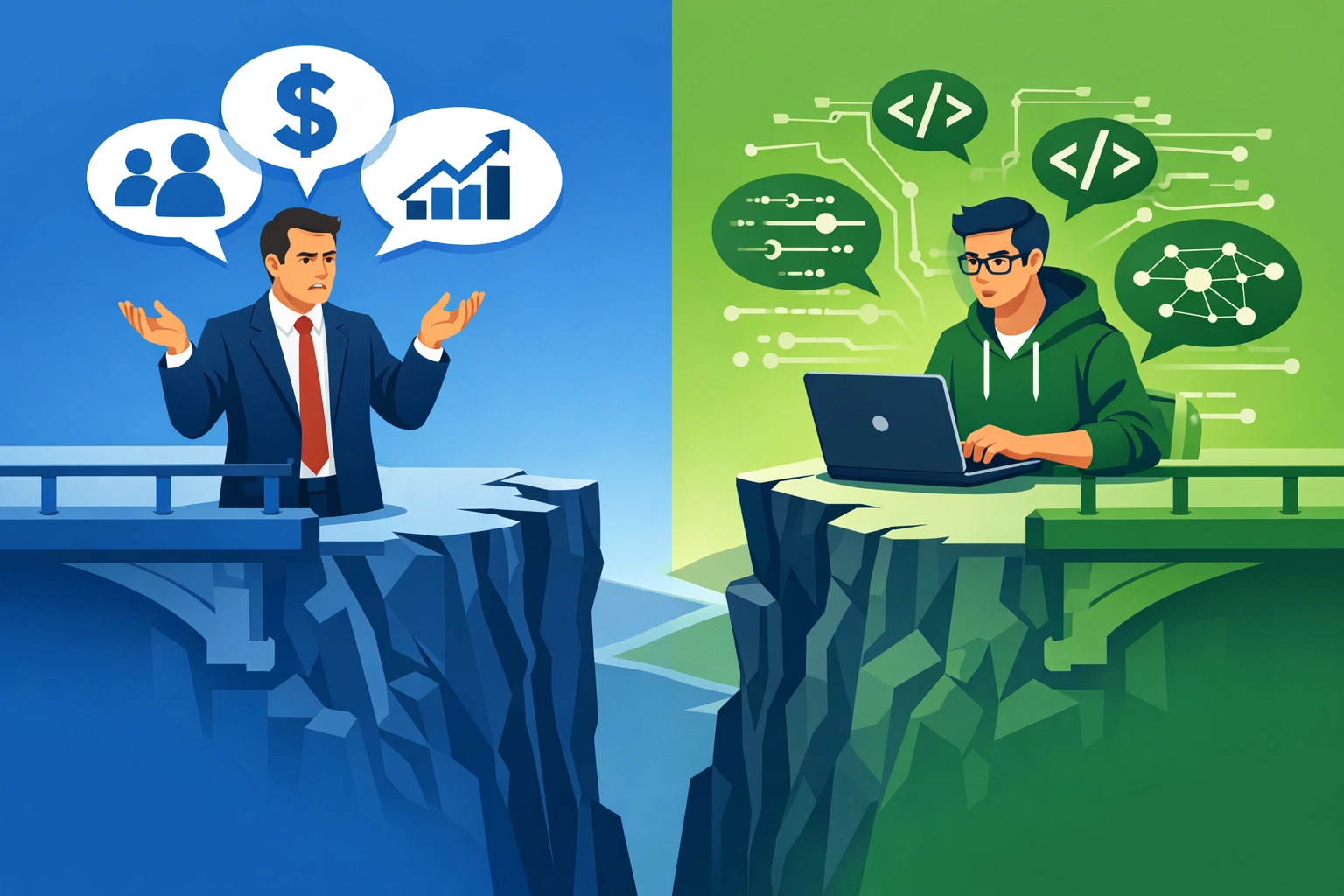 Communication gap between restaurant executives and technology developers illustrated