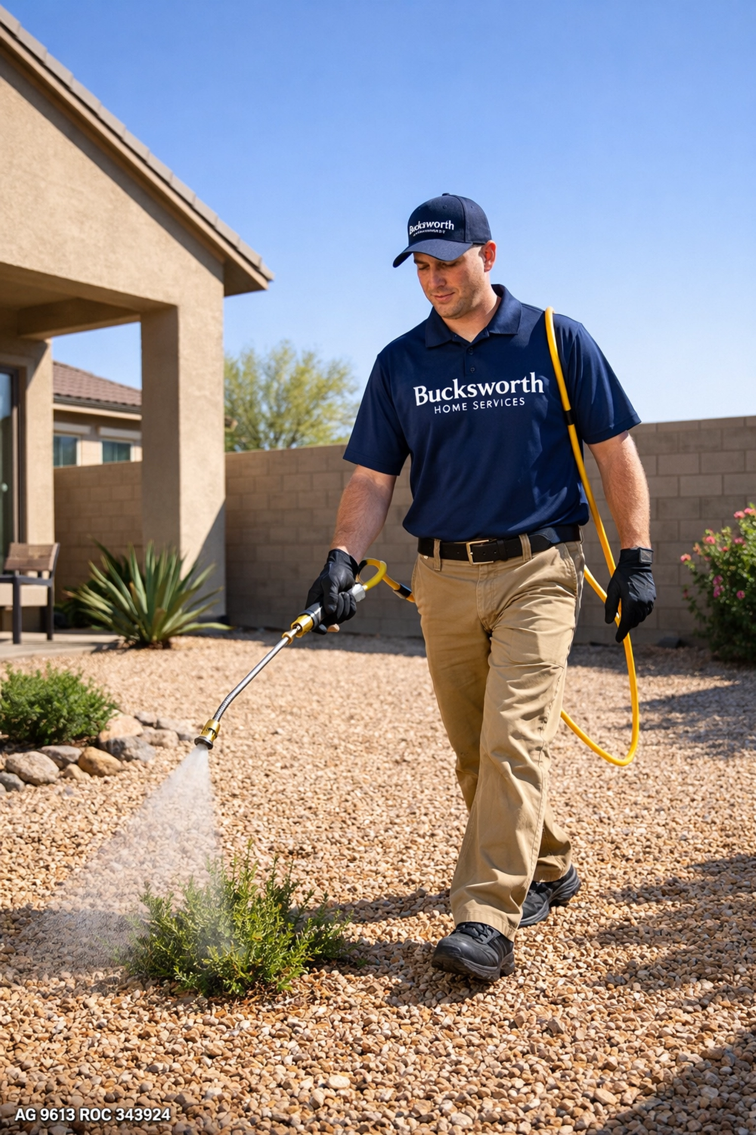 Bucksworth Home Services technician applying targeted weed control in a Queen Creek AZ desert backyard.