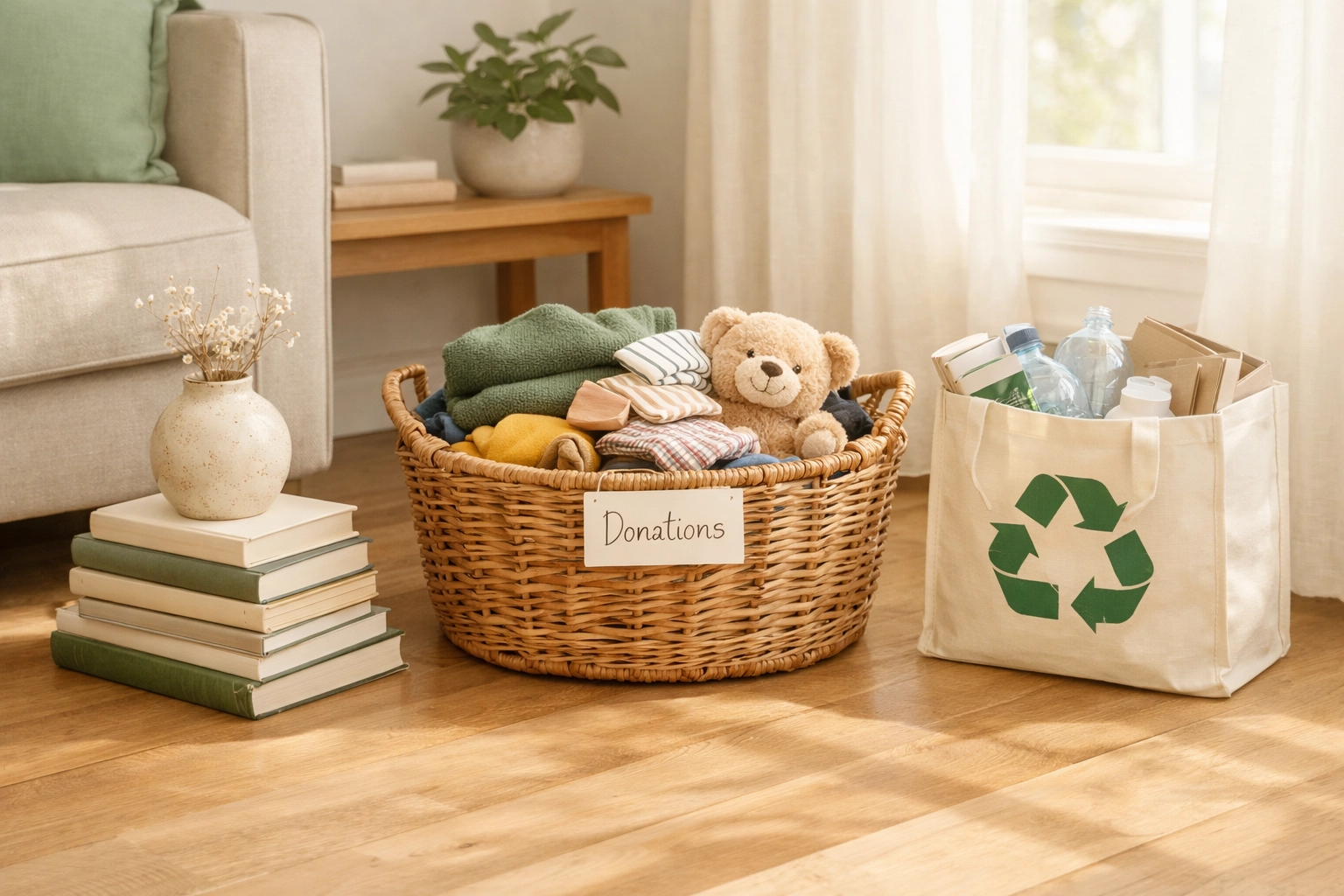Organized piles for keeping, donating, and recycling during a household declutter in Bucks County.