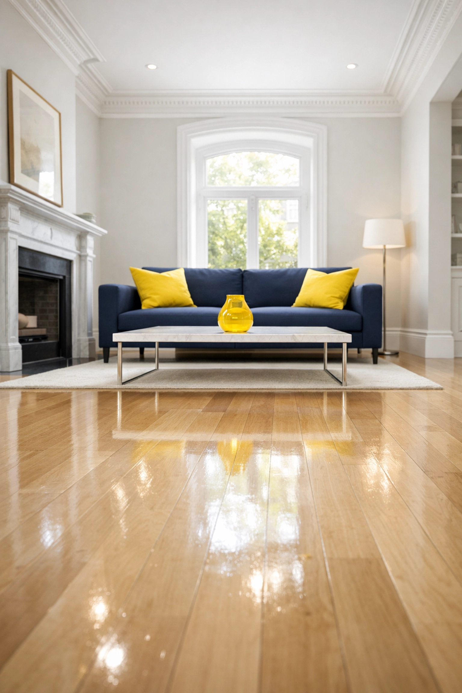 Spotless Cambridge MA living room with gleaming hardwood floors after a professional house cleaning.