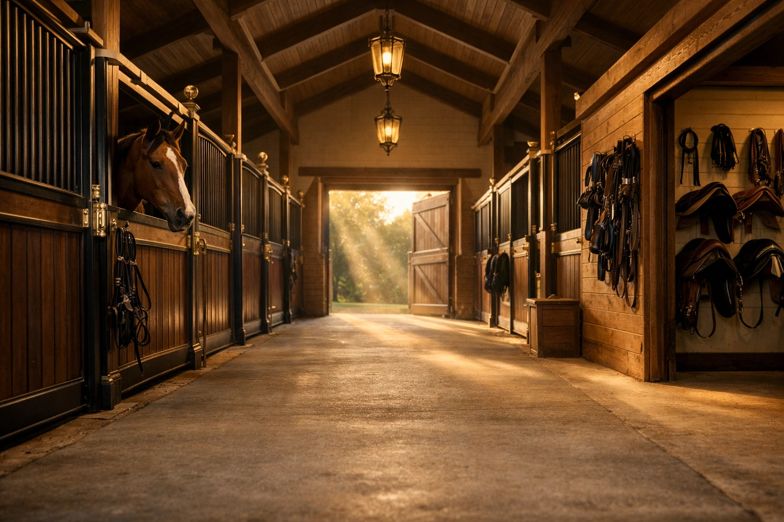 Four-stall horse barn interior with center aisle showing professional equestrian facility design