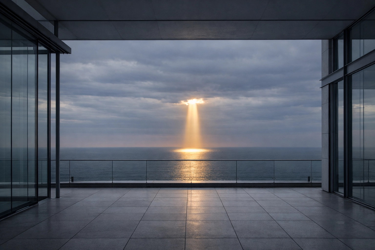 Minimalist glass structure at dawn representing the financial awakening and peace of mind.