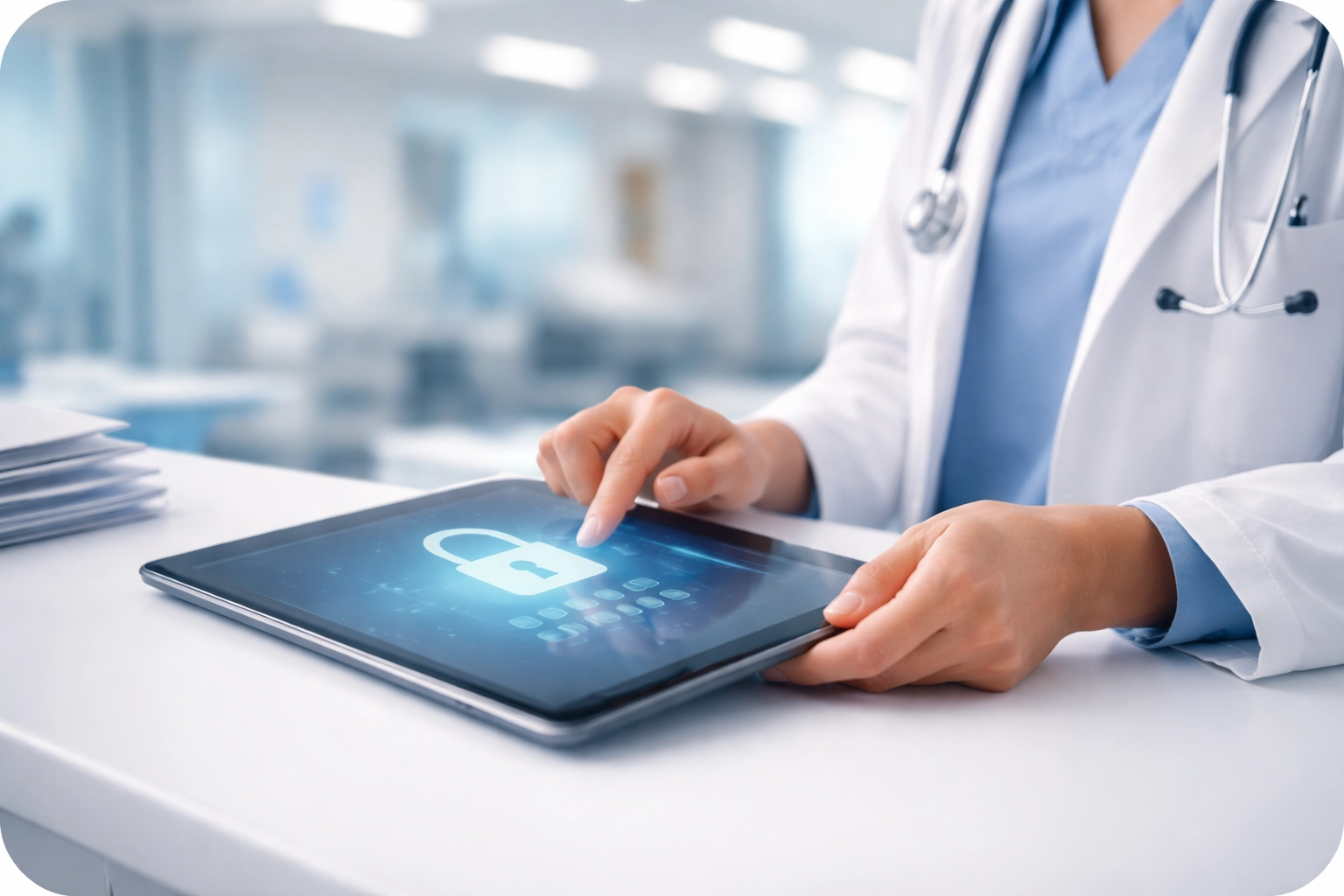 Healthcare professional securely logging into patient records on a tablet, highlighting hospital WiFi security
