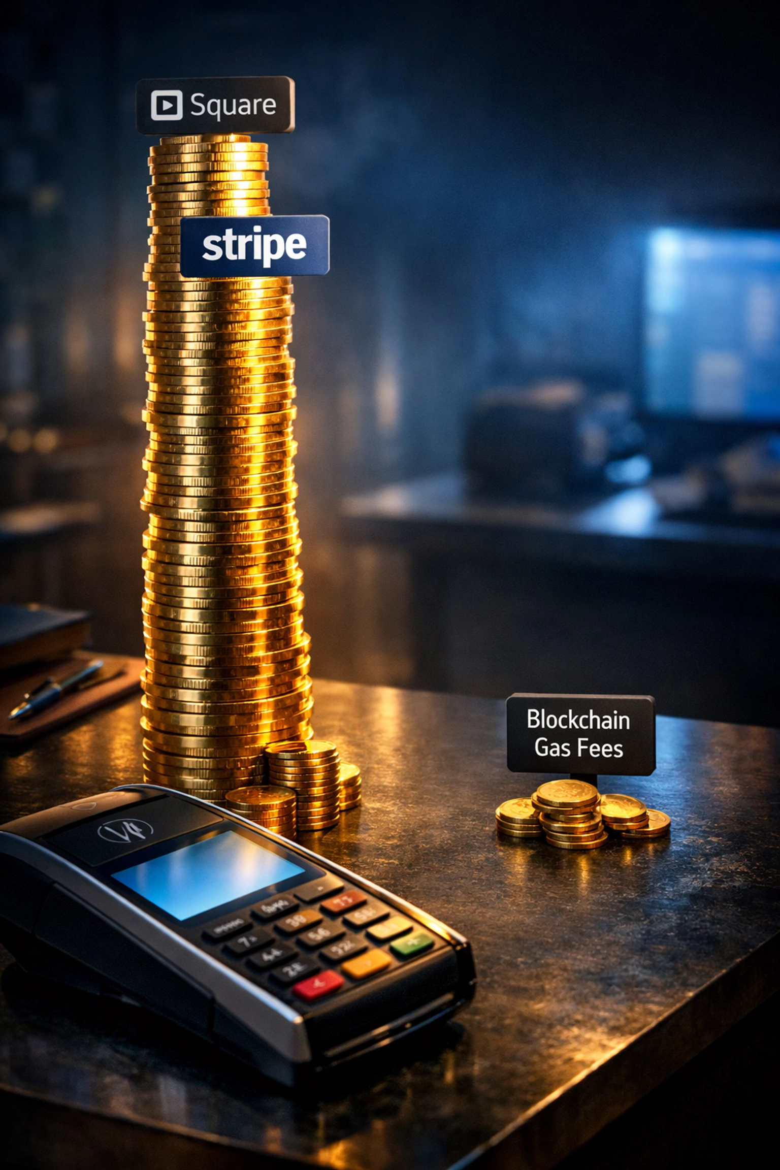 Comparison of traditional payment processor fees versus low blockchain gas fees for merchants