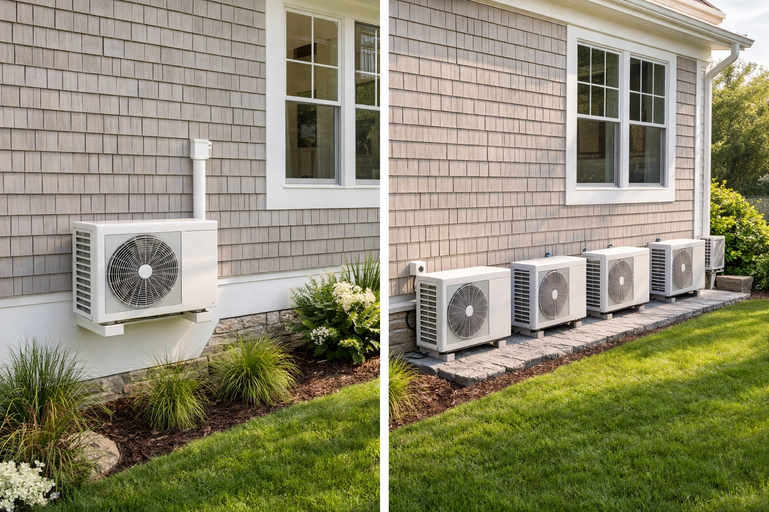 Side-by-side single-zone and multi-zone mini-split outdoor units on a modern Maine home exterior for rebate comparison