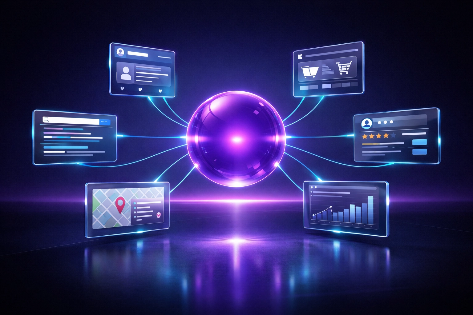 A glowing digital hub representing business entity authority and consistent search engine data connections.