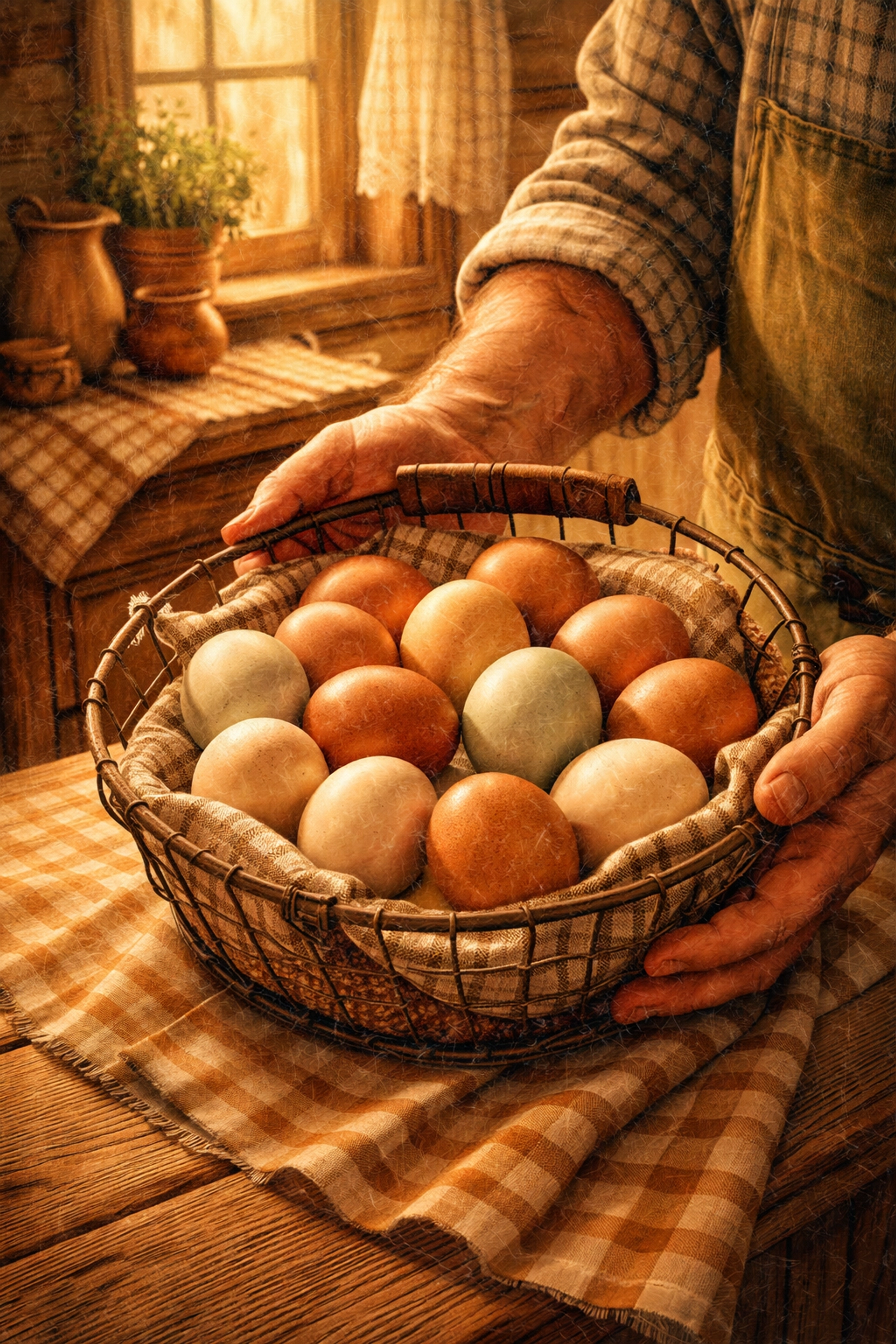 Farmer holding a basket of colorful farm fresh eggs in a cozy kitchen, highlighting trust and community