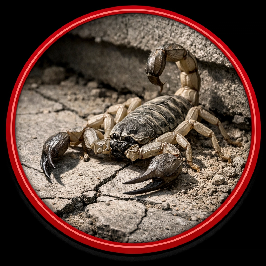 Desert bark scorpion near a Coolidge home foundation showing the need for pest exclusion.