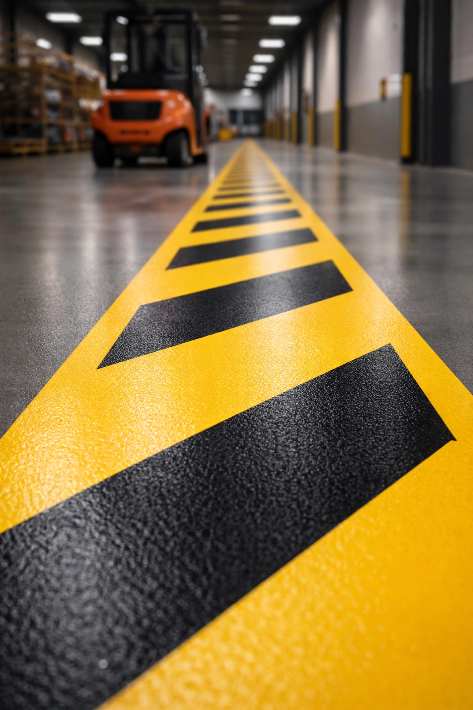 Close-up of yellow and black OSHA-compliant safety striping on warehouse floor in Atlanta, highlighting proper safety coatings and pedestrian pathways.