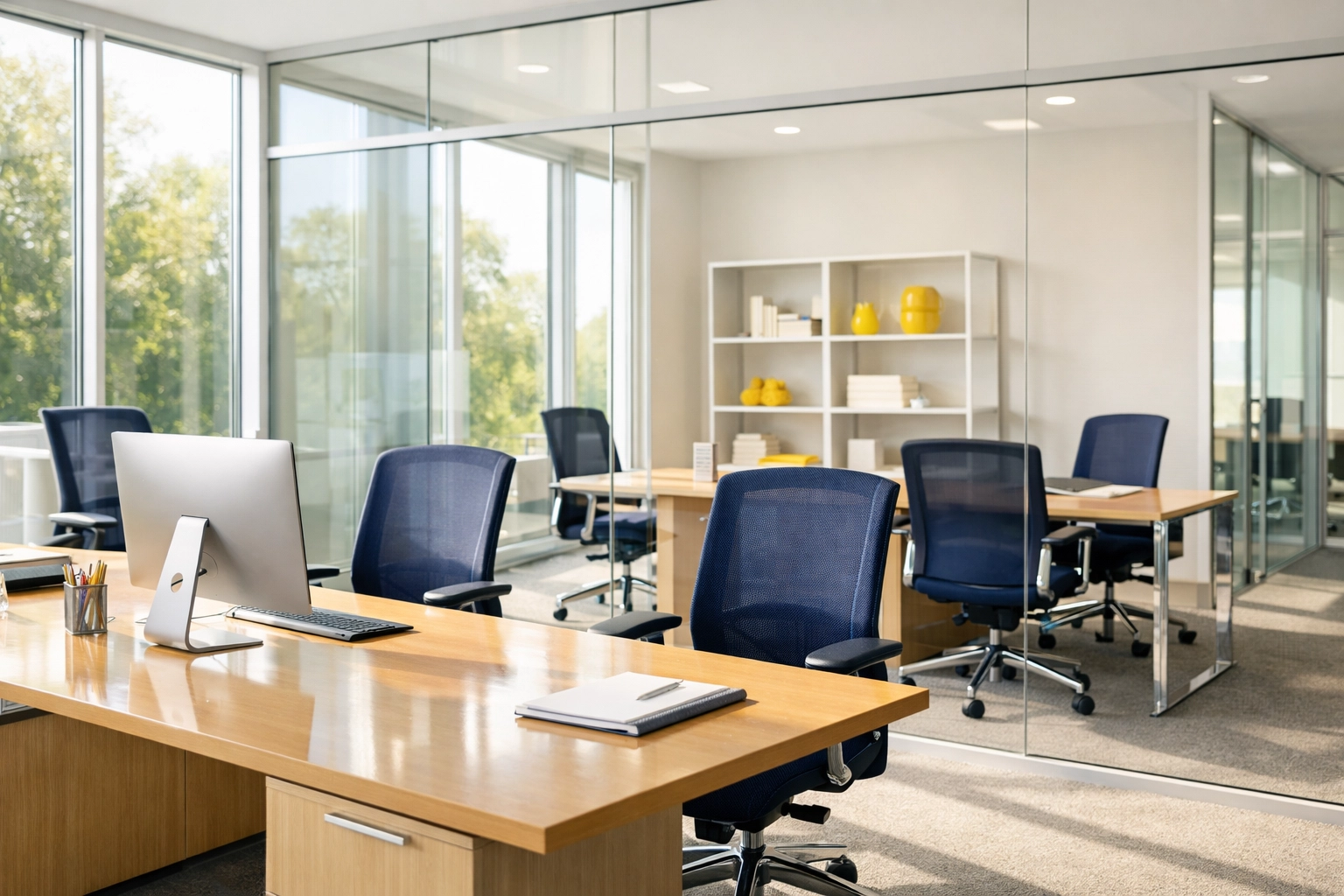 A bright modern office space with clean desks and glass partitions after professional commercial cleaning Boxborough.