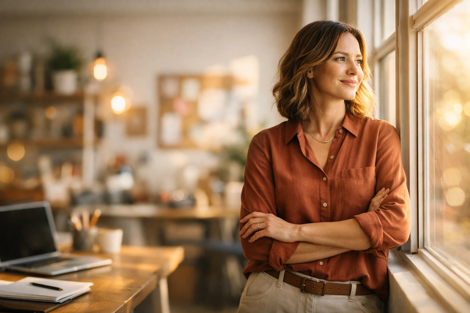 A relaxed business owner in a clean workspace after outsourcing tax and accounting tasks.