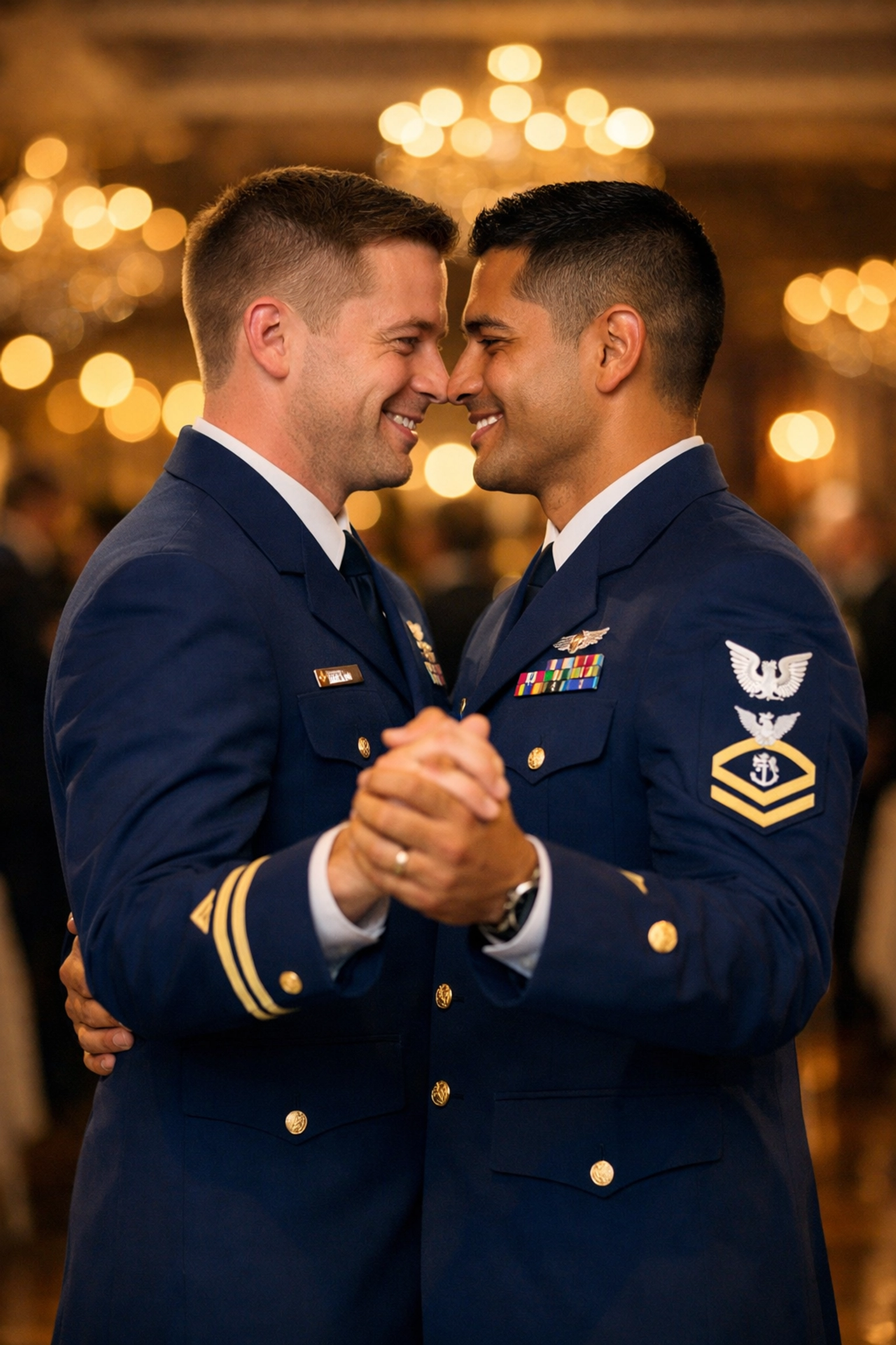 Two men in Coast Guard dress uniforms dancing together at military ball