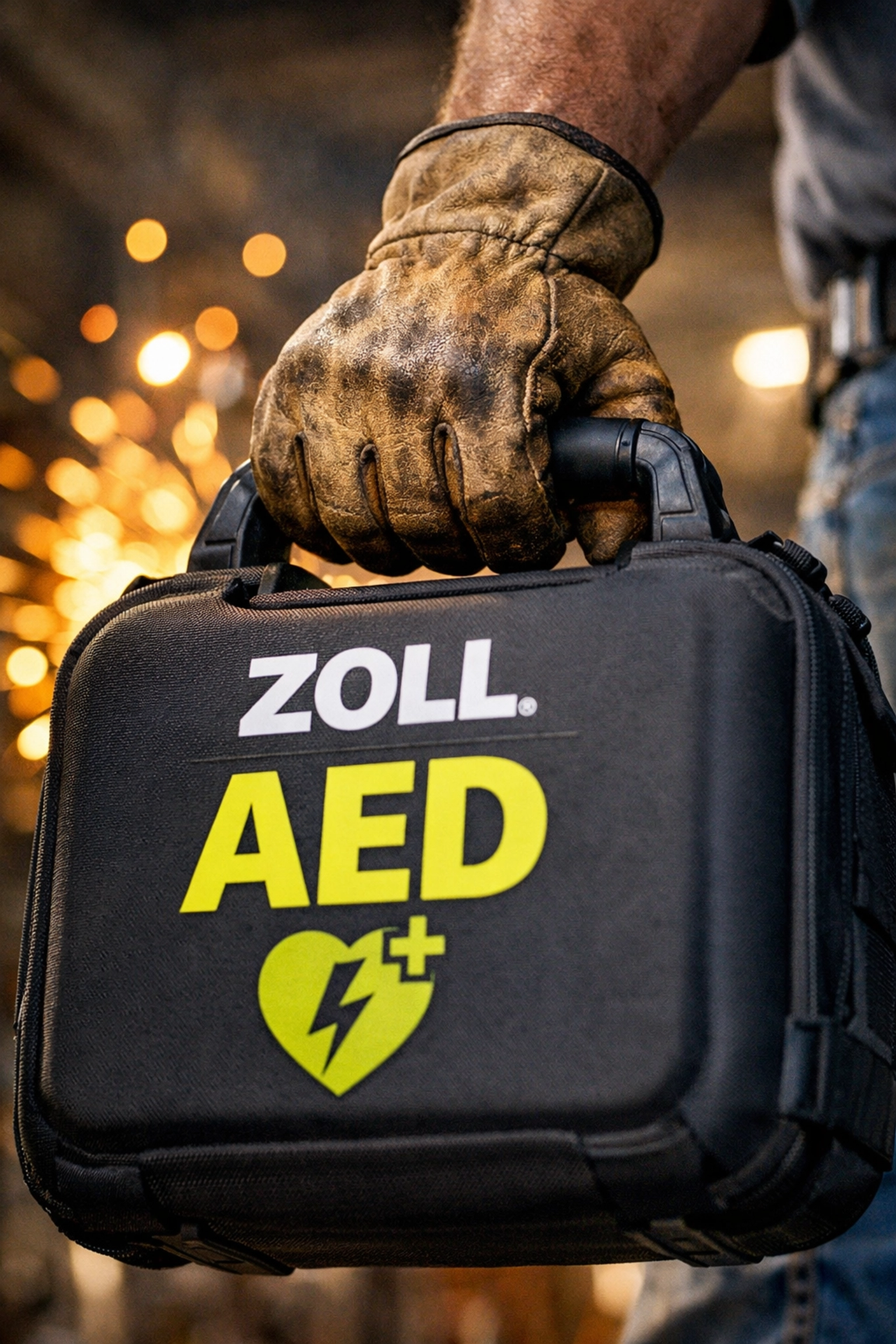 Contractor holding a ZOLL AED carrying case in a Northern Indiana industrial workshop.