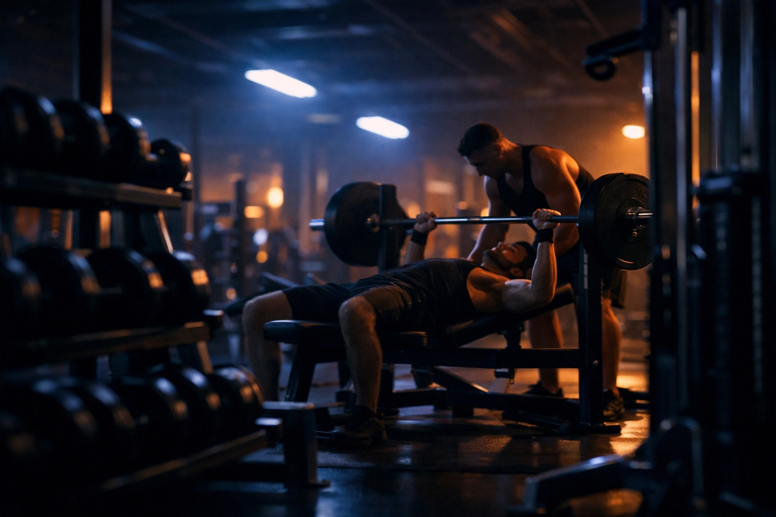 Two gay men spotting each other during a late-night workout at an empty gym