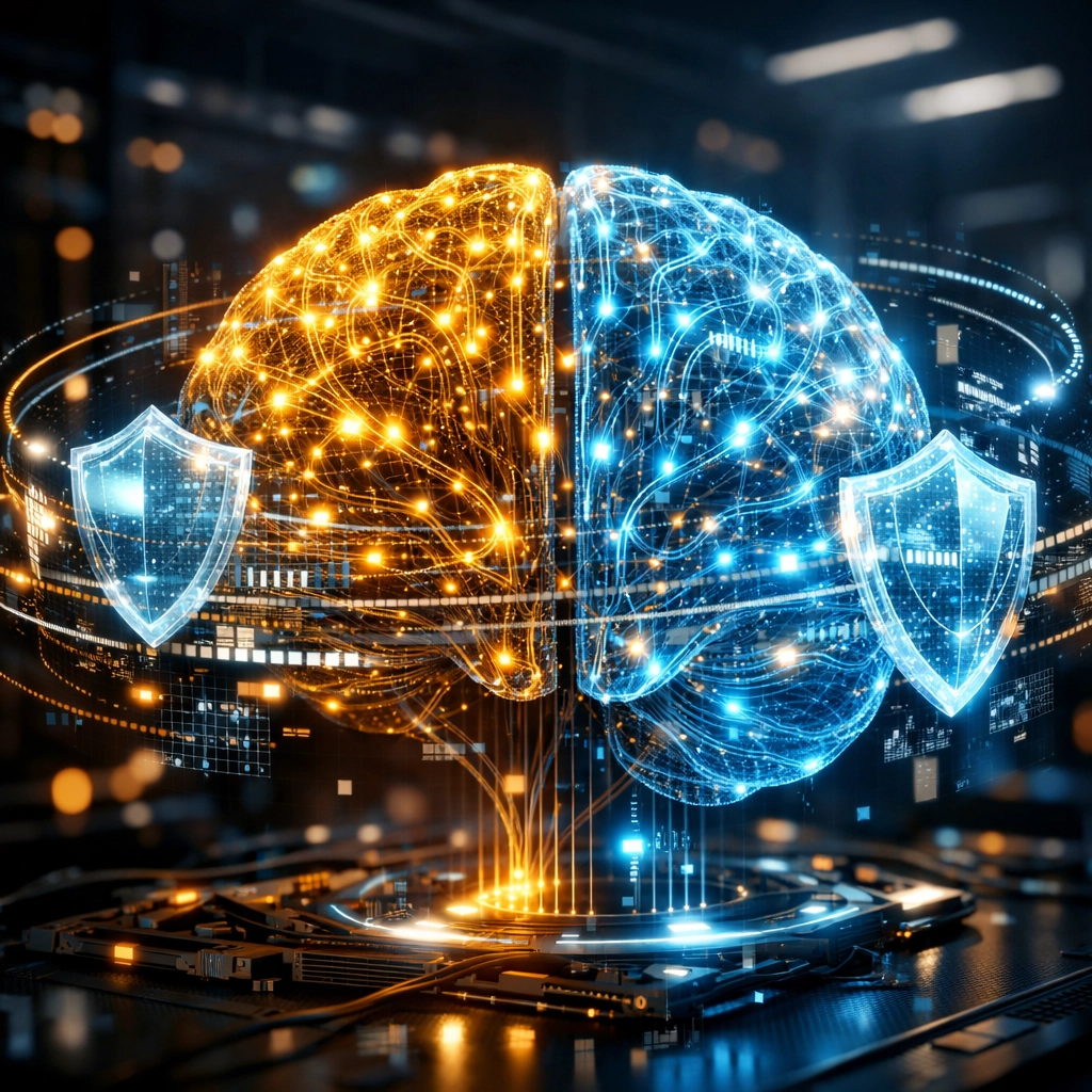 AI-powered machine learning brain processing secure crypto payments and preventing fraud.