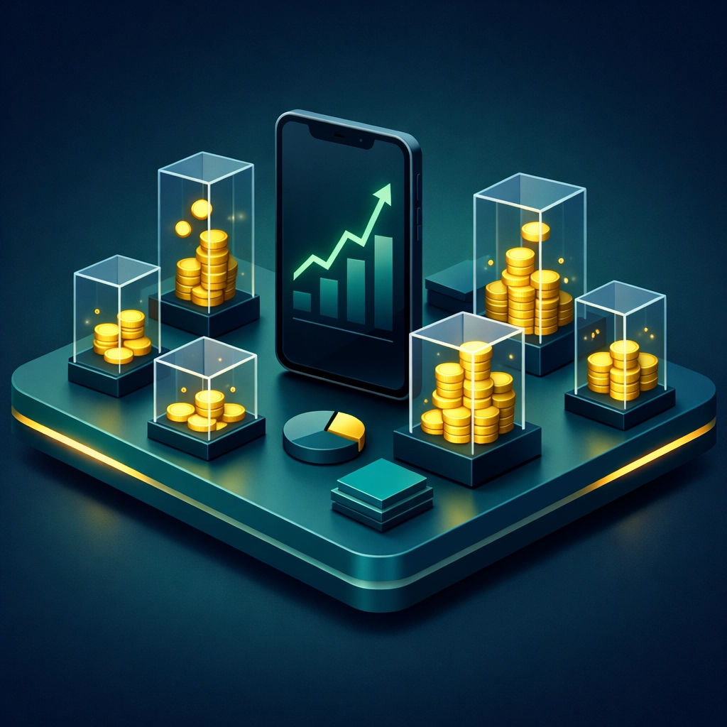 A smartphone displaying a rising growth graph with stacking coins representing automated wealth building.