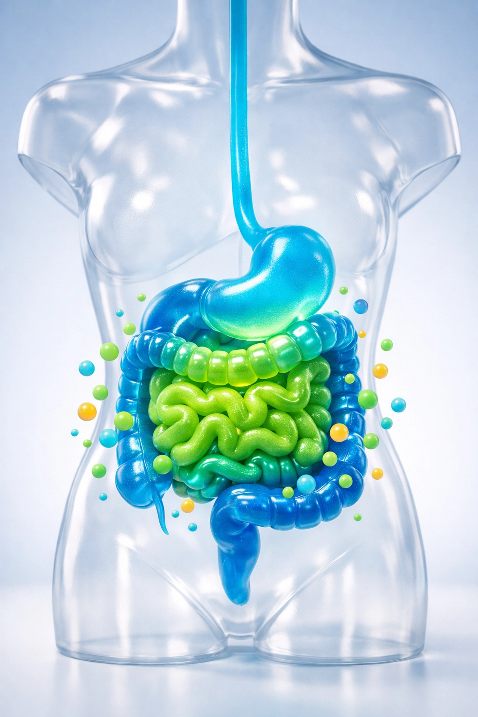 Digestive system illustration showing how probiotics support gut health and nutrient absorption