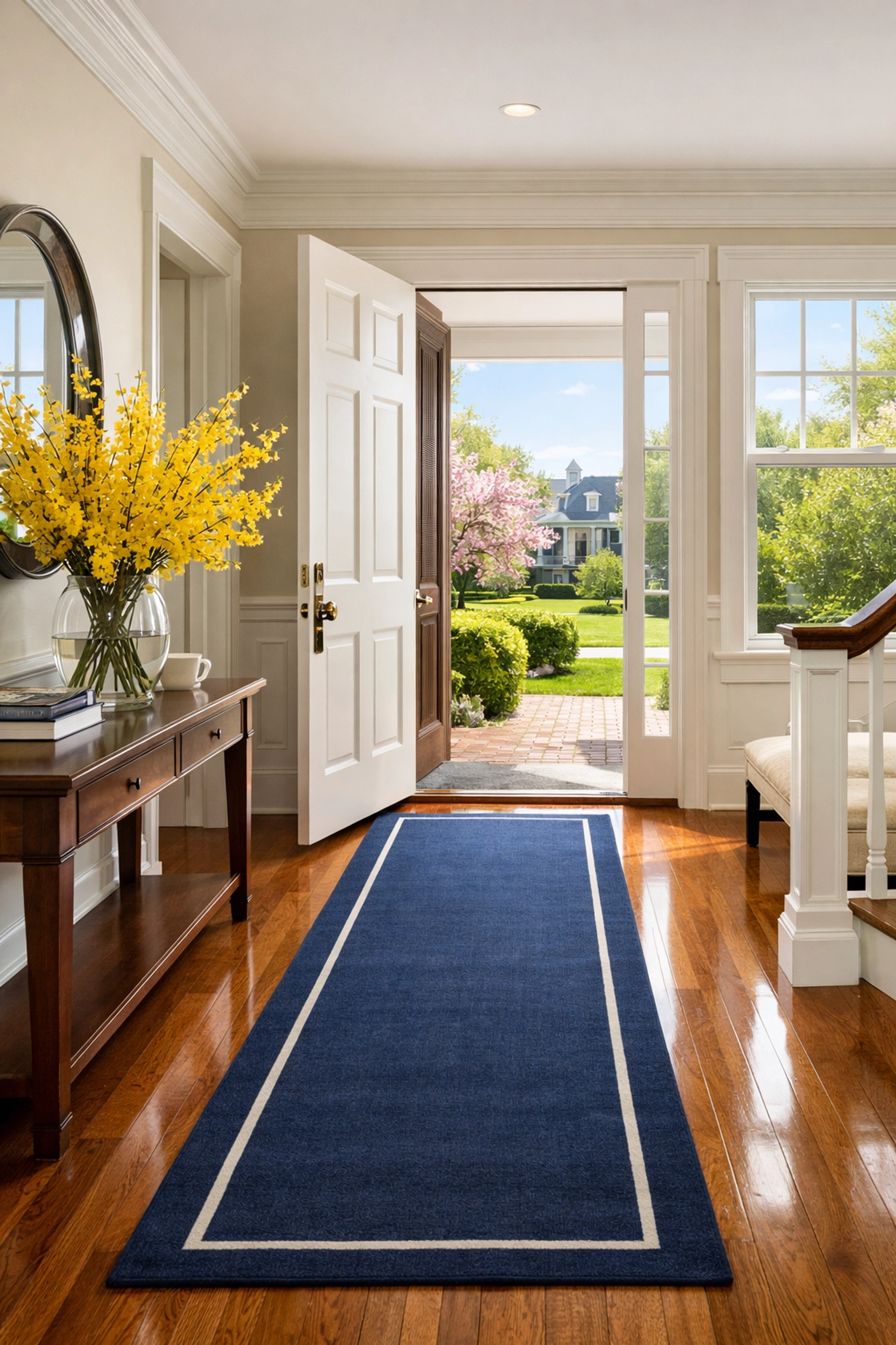 A spotless Winchester home entryway with polished hardwood floors after a professional deep clean.