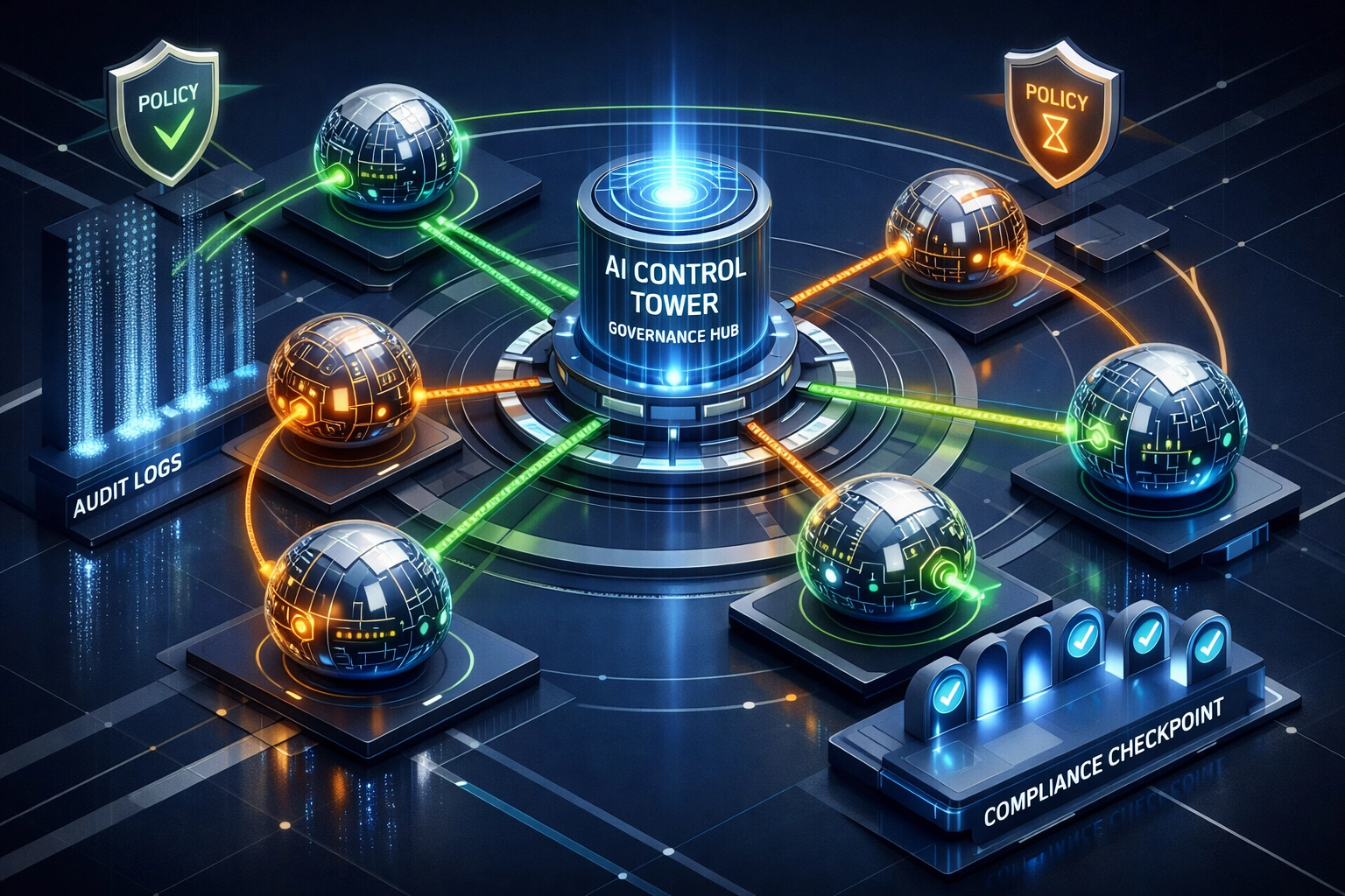 ServiceNow AI Control Tower managing autonomous agents with governance workflows and compliance controls