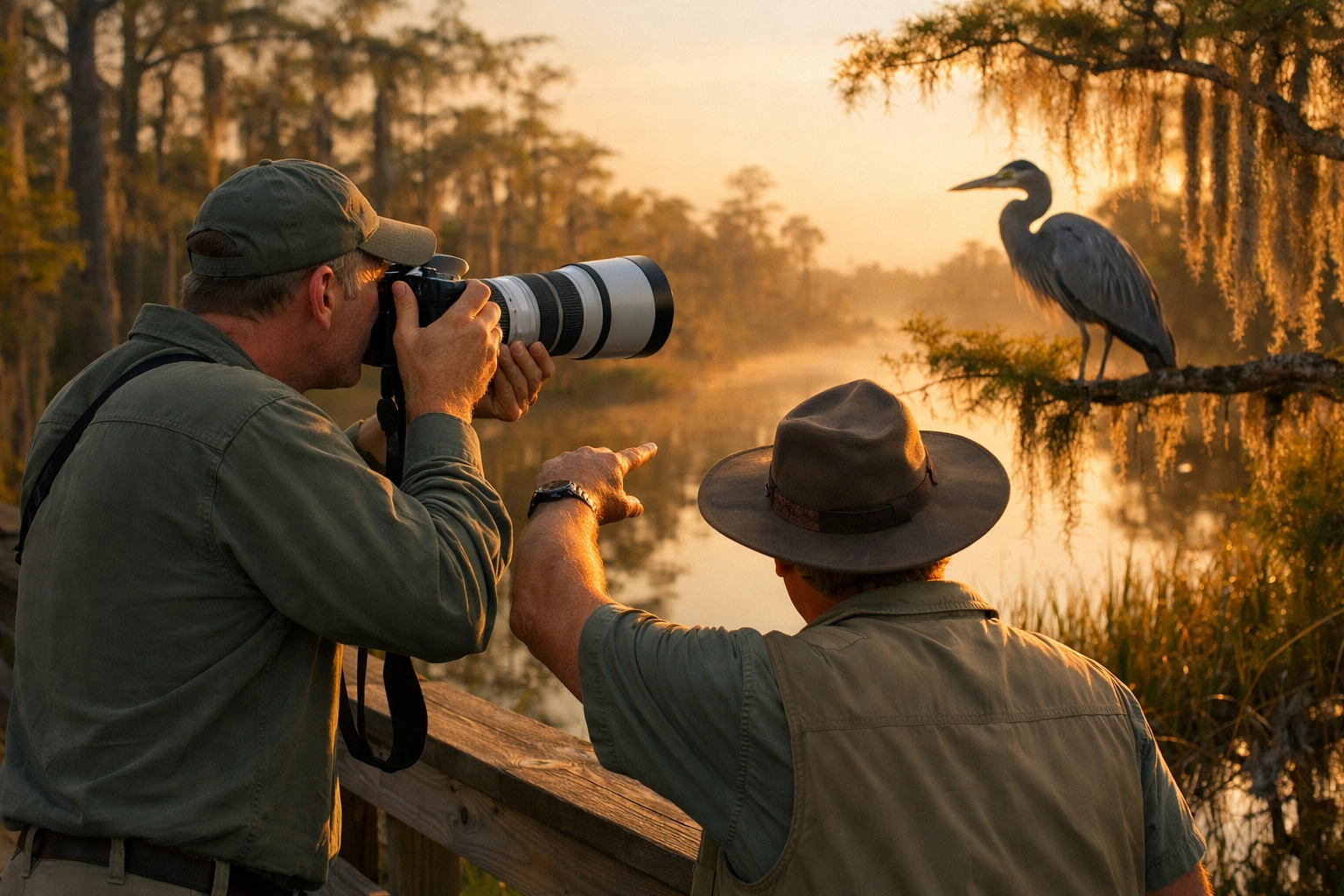 A professional photography guide pointing out a Great Blue Heron to a photographer during an Everglades tour.