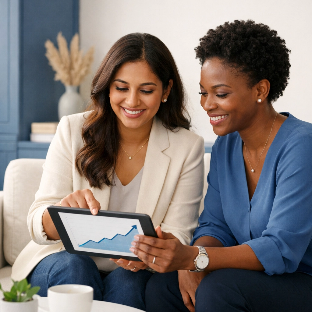 Diverse professional partners review a growth chart, achieving peace of mind through outsourced accounting.