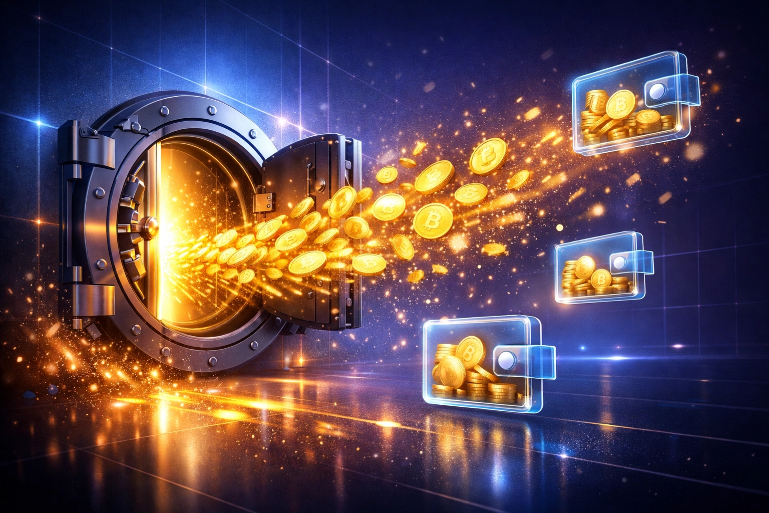 Digital vault opening with cryptocurrency flowing into self-custody merchant wallets under regulatory approval