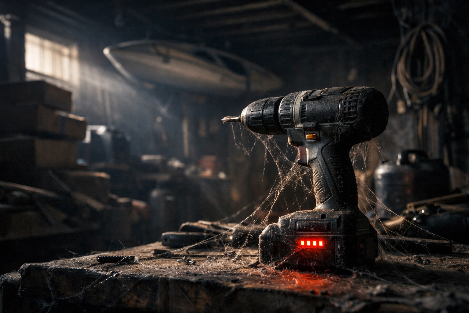 Unused power drill collecting dust in cluttered garage surrounded by cobwebs