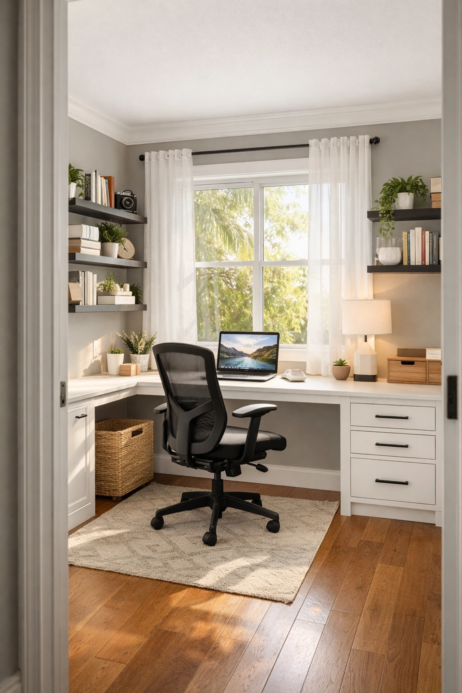 Home office renovation Orlando with built-in desk and natural lighting