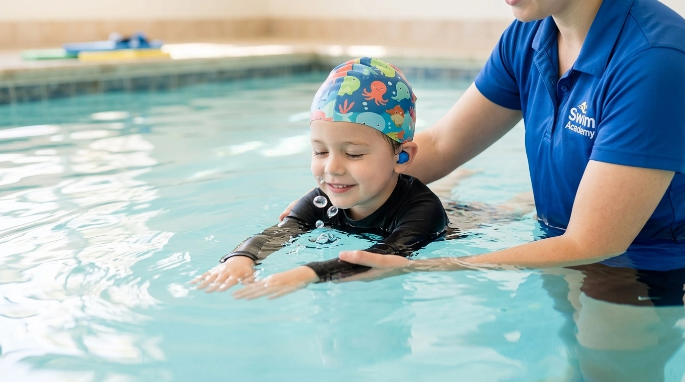 A close-up of a child wearing a swim cap and earplugs during a specialized lesson, highlighting the focus on sensory comfort.