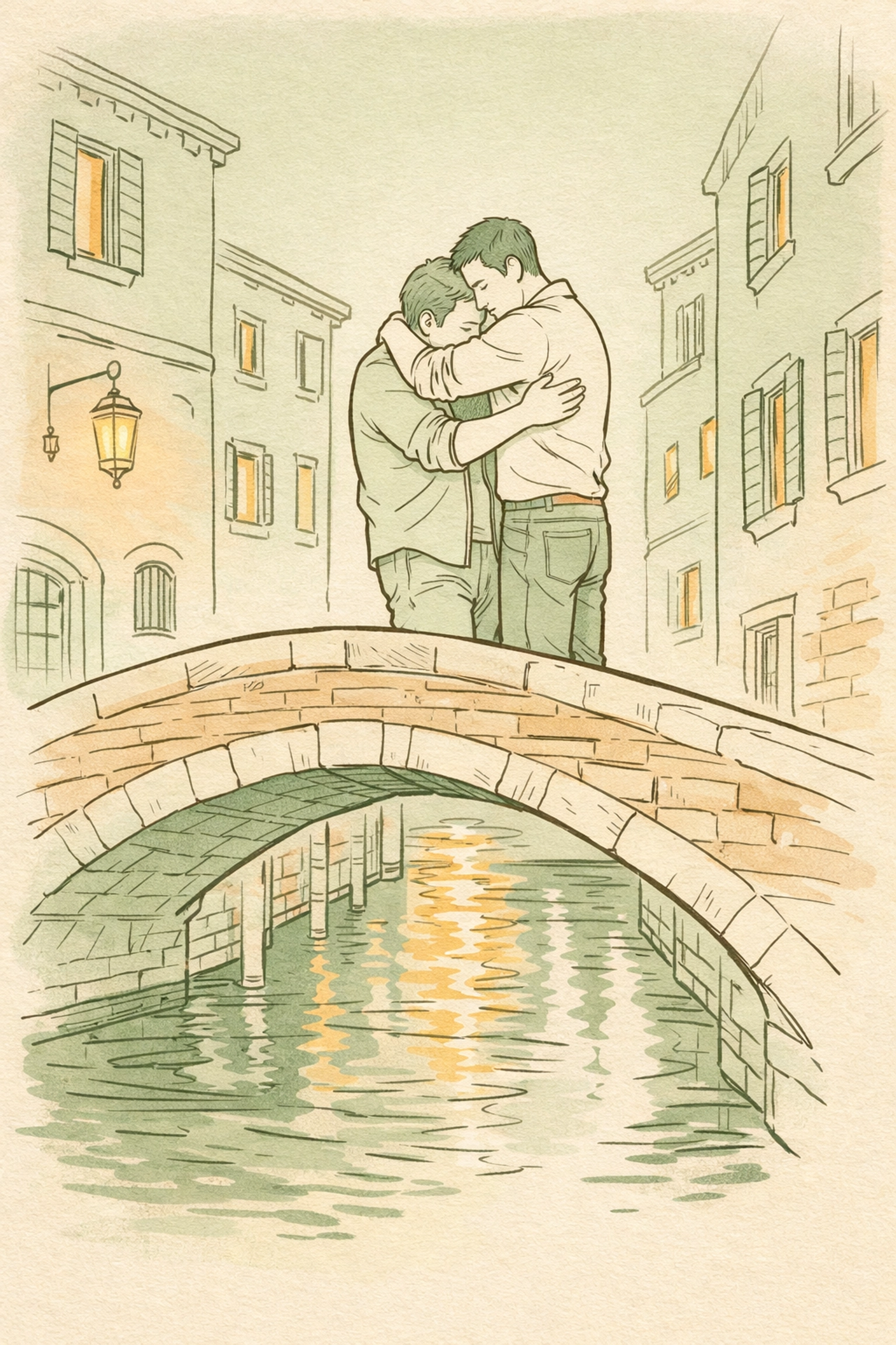 Gay couple embracing on Ponte Chiodo Venice - intimate MM romance moment