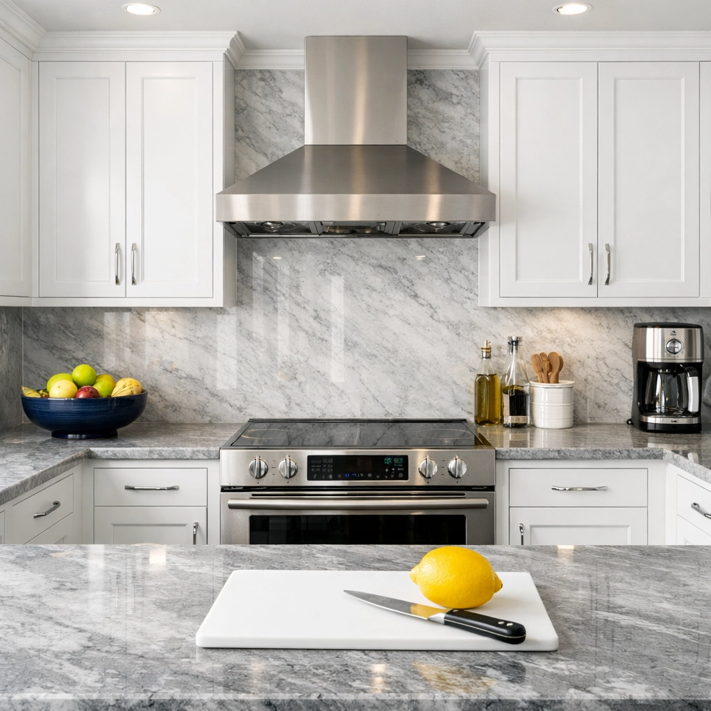 Pristine luxury kitchen with white cabinets and marble counters after a professional move-in cleaning in Boston.