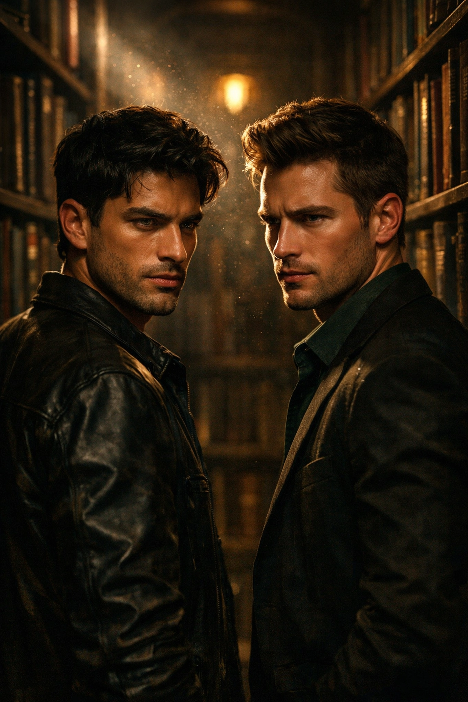 Two men in a library aisle representing the popular enemies to lovers MM romance trope.