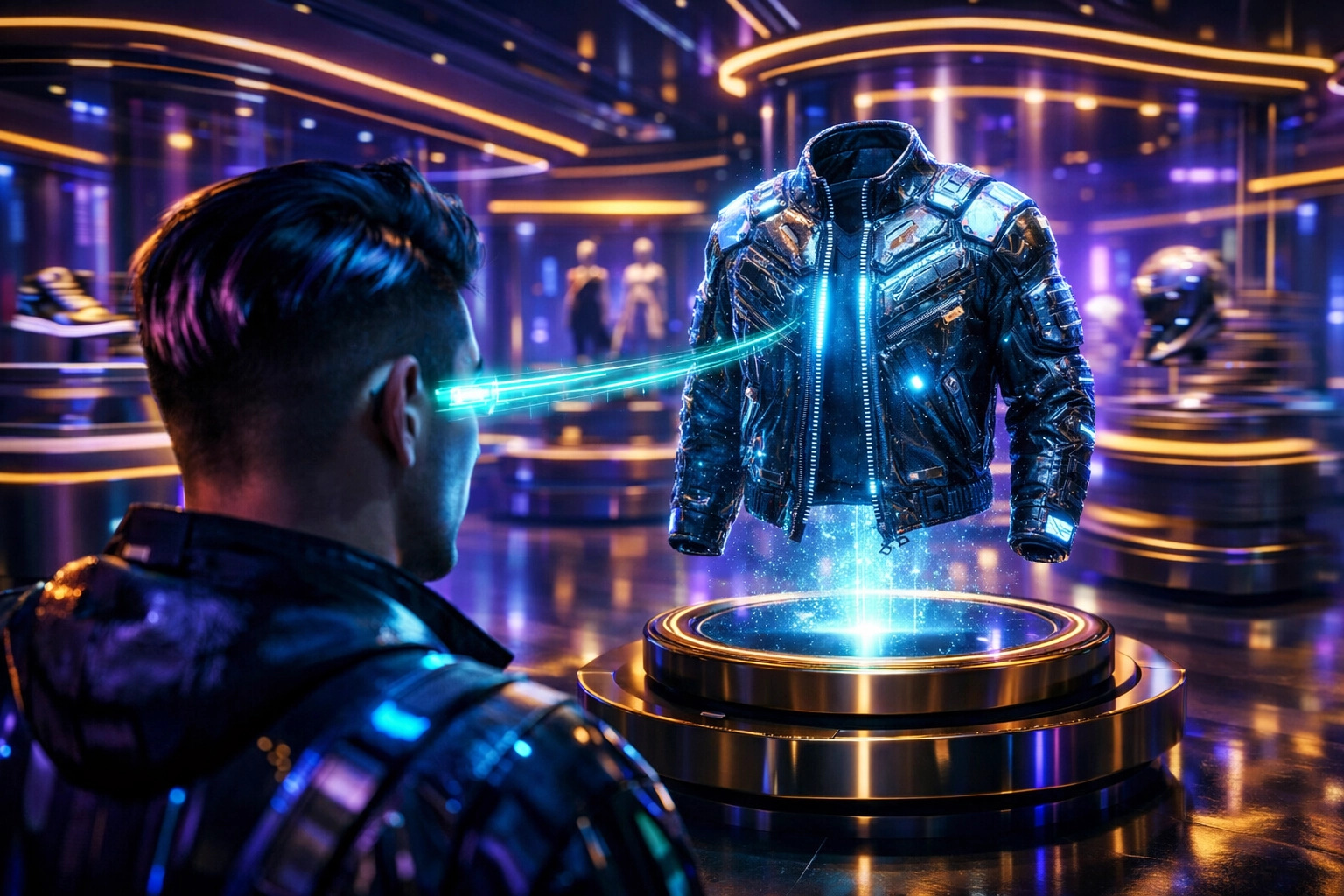 Digital avatar in a metaverse boutique using AI gaze tracking for a personalized and immersive shopping experience.