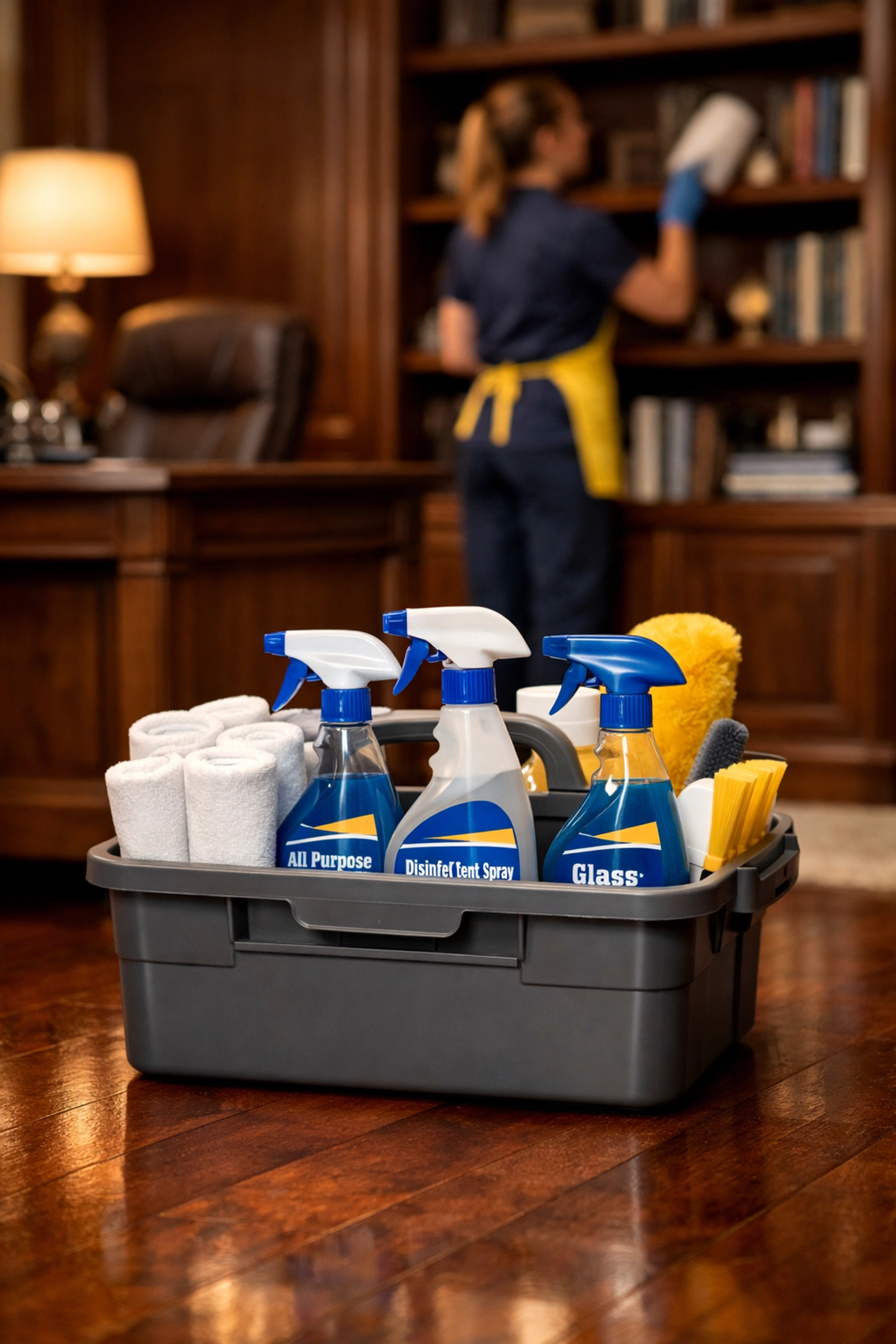 Expert dusting service by a professional house cleaning service in Burlington using organized supplies.