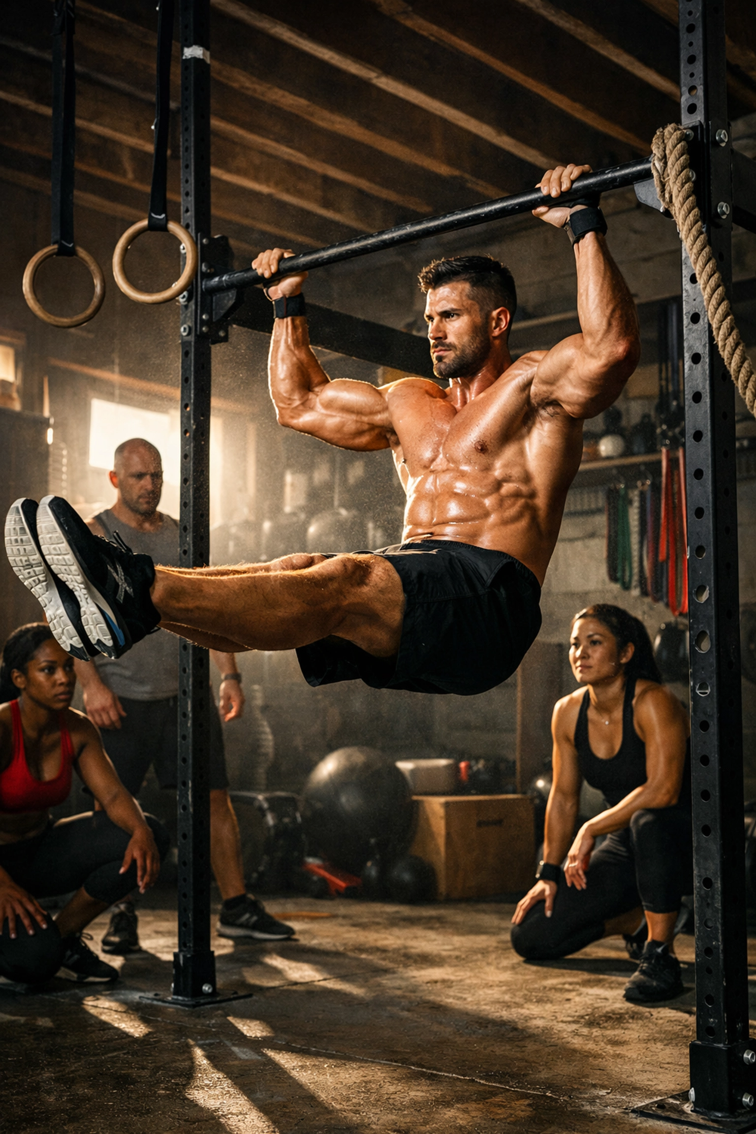 Advanced L-sit pull-up variation in home gym showing bodyweight training progression