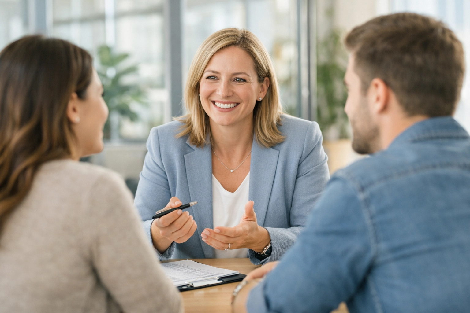 Advisor explaining bad credit loans and payday loans Alberta options to a couple for instant approval.