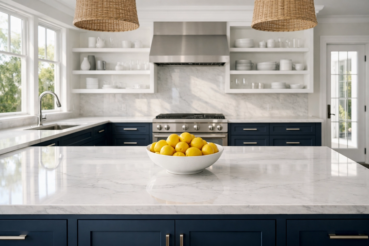 Pristine, clutter-free luxury kitchen with marble counters after a professional residential cleaning MA deep clean.