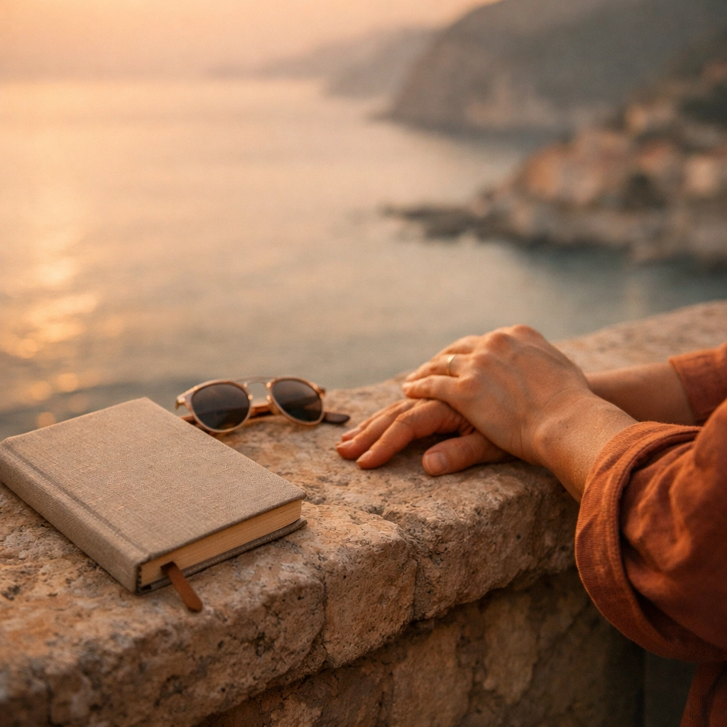 A guest enjoying an intentional travel experience on a hotel balcony with a view, focusing on wellness and rest.