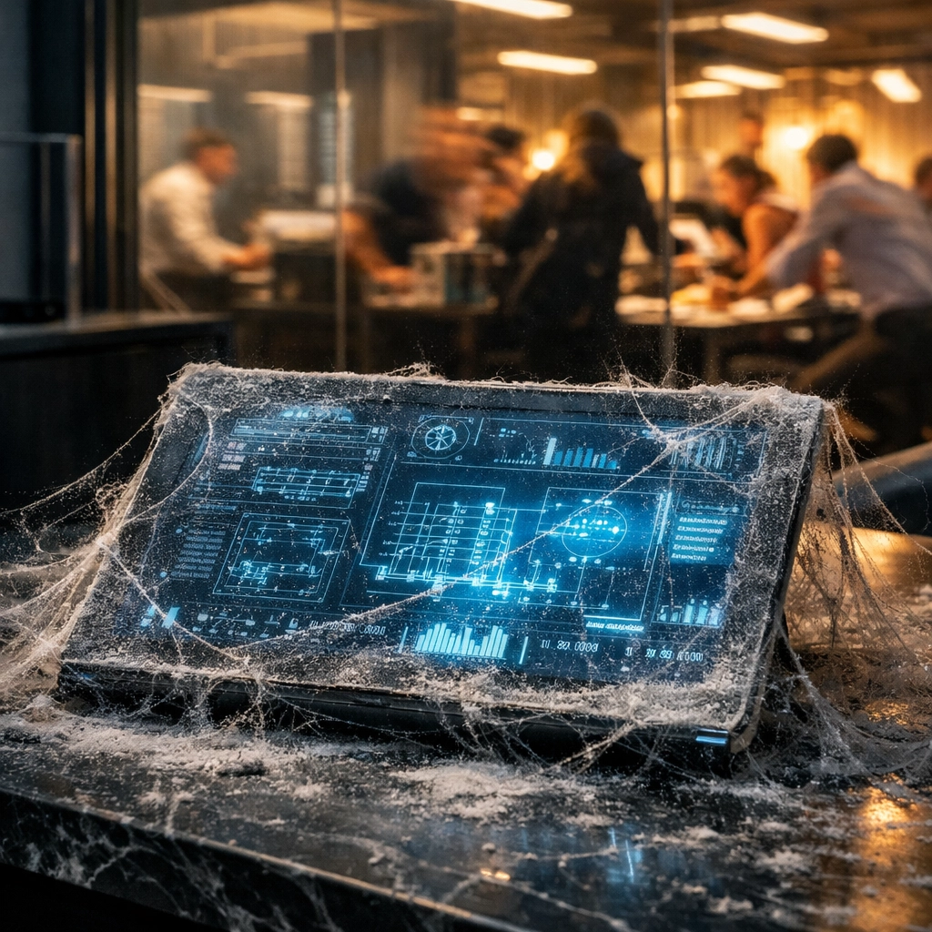 Forgotten business scaling strategy on a dusty tablet while a team navigates operational chaos in the background.