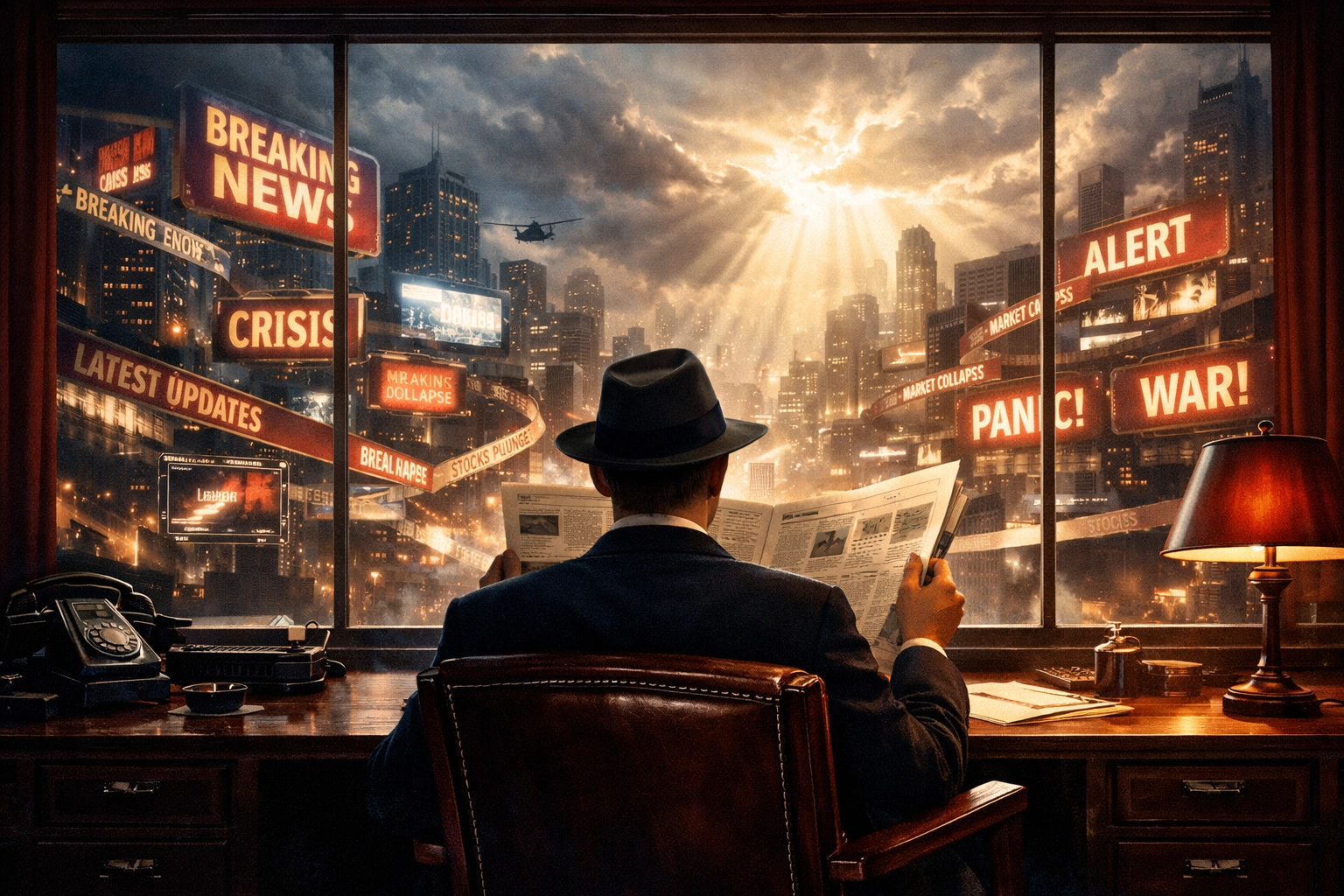 Person reading newspaper calmly amid chaotic headlines showing biblical peace with news