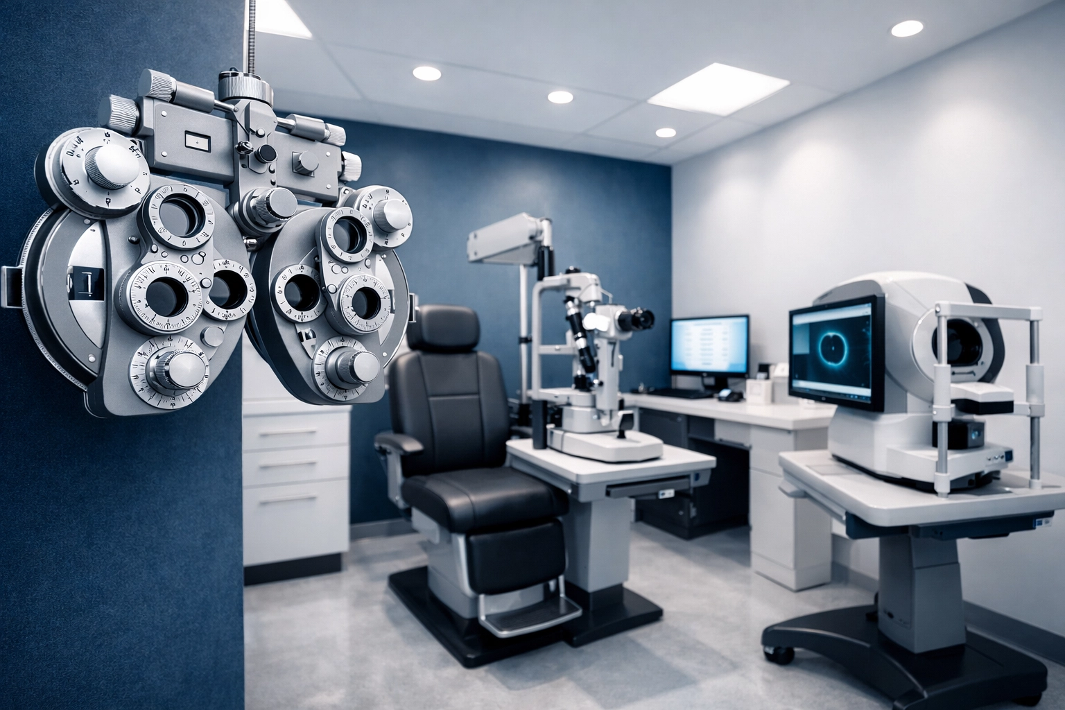 Clean, high-tech optometry exam room featuring a phoropter and diagnostic tools in a professional clinic.
